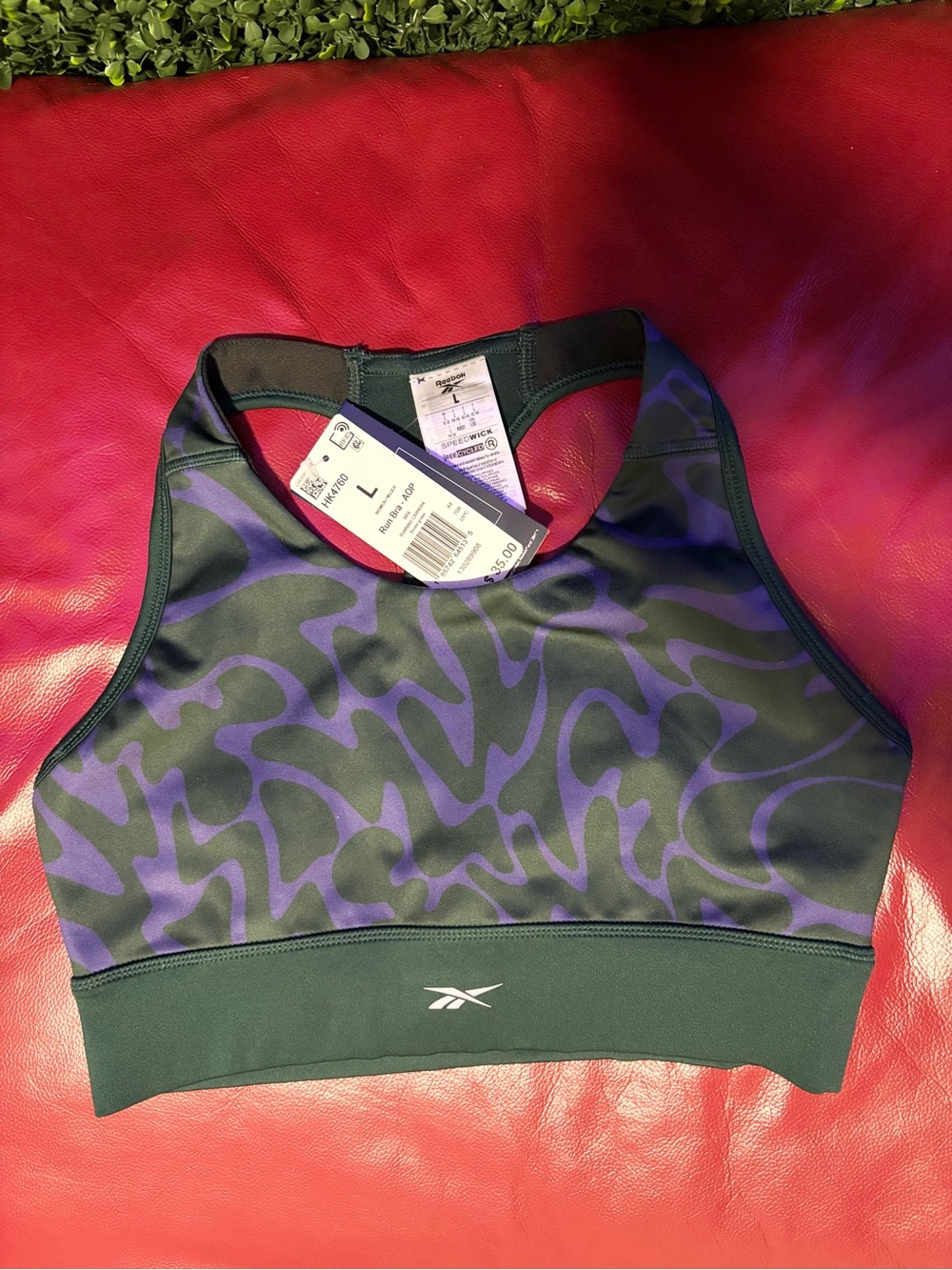 Reebok Purple Camo High-Neck Sports Bra with Dark Green Band